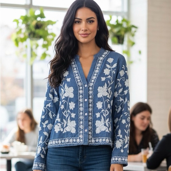 Bohemian Blue Embroidered Long Sleeve Top Jacket M - Picture 8 of 8